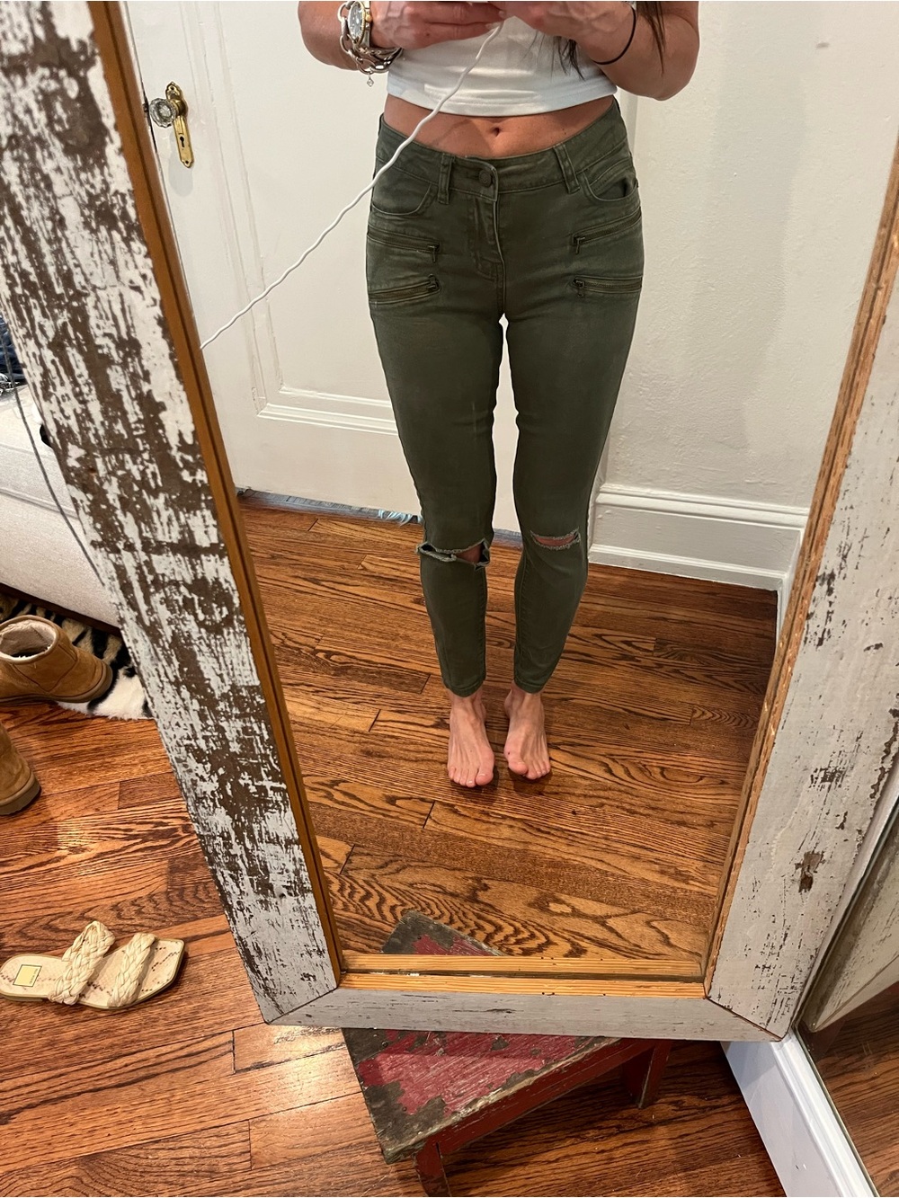Noisy May Olive Green Skinny Jeans with Knee Rips